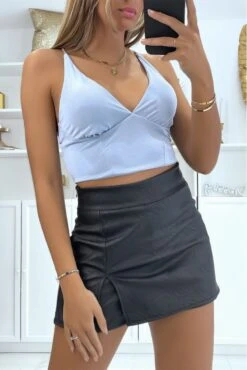 Crop Top Bleu Ciel Brassière Vol V Plongeant Et Bretelles Brillantes En Argent
