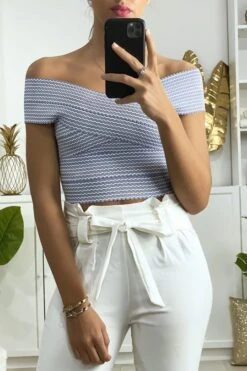 Crop Top Bleu Col Bateau Croisé Au Buste