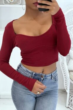 Crop Top Bordeaux Côtelé à Col Décolleté En Forme De Coeur