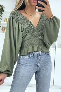 Crop Top Cache Coeur Kaki Manches Longues à Volants Et Cintré à La Taille