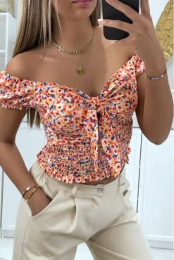 Crop Top Col Bateau Motif Fleuris Orange Avec Noeud -Default Template 5 crop top col bateau motif fleuris orange avec noeud 2