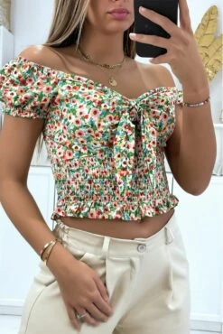 Crop Top Col Bateau Motif Fleuris Vert Avec Noeud
