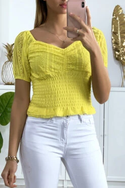 Crop Top En Dentelle Jaune Avec élastique à La Taille