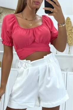 Crop Top Fuchsia à Col Bardot Croisée Sous La Poitrine Et Se Noue Au Dos -Default Template 5 crop top fuchsia a col bardot croisee sous la poitrine et se noue au dos 1