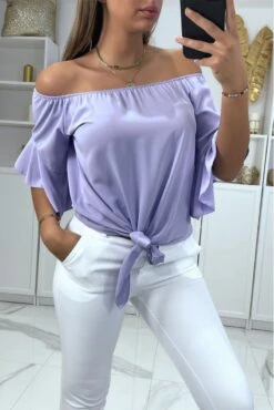 Crop Top Lilas Col Bateau Avec Noeud Et Volant Aux épaules -Default Template 5 crop top lilas col bateau avec noeud et volant aux epaules 1