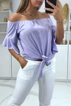 Crop Top Lilas Col Bateau Avec Noeud Et Volant Aux épaules -Default Template 5 crop top lilas col bateau avec noeud et volant aux epaules 2