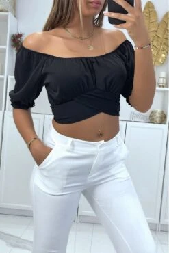 Crop Top Noir à Col Bardot Croisée Sous La Poitrine Et Se Noue Au Dos -Default Template 5 crop top noir a col bardot croisee sous la poitrine et se noue au dos 1