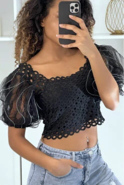 Crop Top Noir à Manches Bouffantes