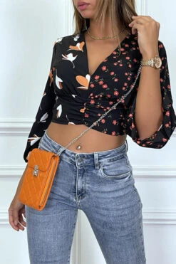 Crop Top Noir à Motif Floral Et Col Plongeant