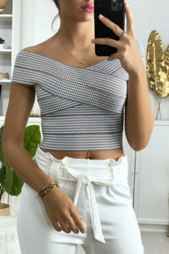 Crop Top Noir Col Bateau Croisé Au Buste