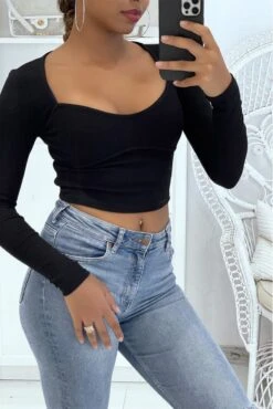 Crop Top Noir Côtelé à Col Décolleté En Forme De Coeur
