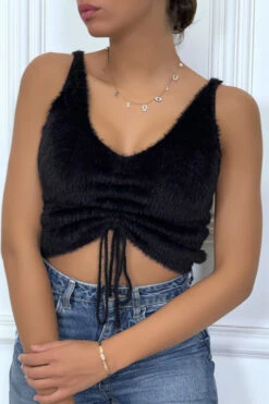 Crop Top Noir Duveteux à Ficelle Réglable