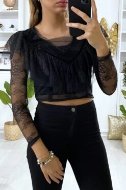 Crop Top Noir En Dentelle Avec Volant Au Buste