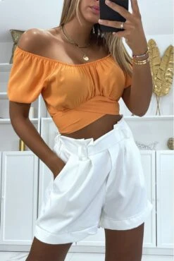 Crop Top Orange à Col Bardot Croisée Sous La Poitrine Et Se Noue Au Dos