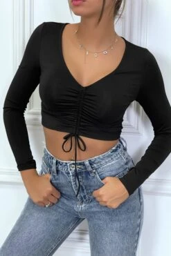Crop Top Réglable Noir à Manches Longues