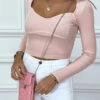 Crop Top Rose Côtelé à Col Décolleté En Forme De Coeur