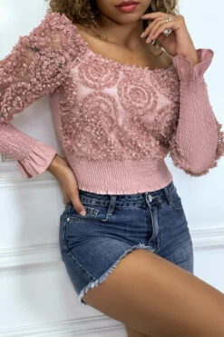 Crop Top Rose Manches Longues à Froufrous -Default Template 5 crop top rose manches longues a froufrous 2