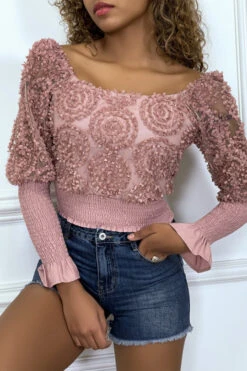Crop Top Rose Manches Longues à Froufrous -Default Template 5 crop top rose manches longues a froufrous 3