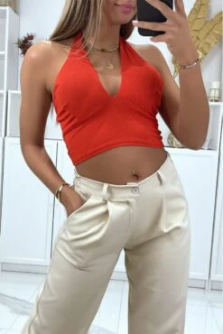 Crop Top Rouge Matière Côtelé Avec Noeud Au Col -Default Template 5 crop top rouge matiere cotele avec noeud au col 1