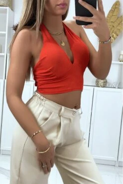 Crop Top Rouge Matière Côtelé Avec Noeud Au Col -Default Template 5 crop top rouge matiere cotele avec noeud au col 2