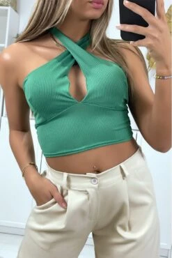 Crop Top Vert Matière Côtelé Avec Noeud Au Col -Default Template 5 crop top vert matiere cotele avec noeud au col 1