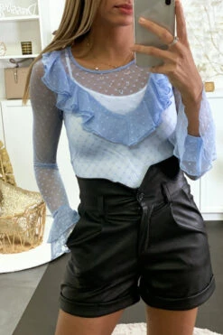 Haut En Résille Turquoise Avec Motif Pois Et Volant