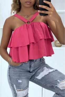 Haut Fuschia à Volants Et Bretelles Croisées