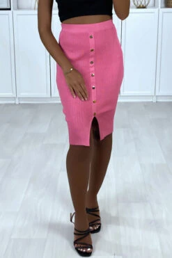 Jupe 3/4 En Maille Côtelé Fuchsia Boutonnés à L'avant