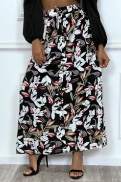 Jupe Longue Noir Fleuri Avec Boutons