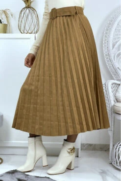 Jupe Patineuse Plissée Camel Longue Effet Velours Avec Ceinture à La Taille -Default Template 5 jupe patineuse plissee camel longue effet velours avec ceinture a la taille 3