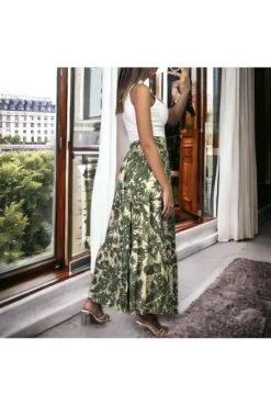 Longue Jupe Kaki évasé Motif Feuilles