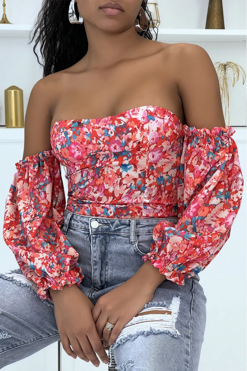 Top à épaule Dénudée Fleuri Rouge 4 Top à épaule Dénudée Fleuri Rouge – Image 2