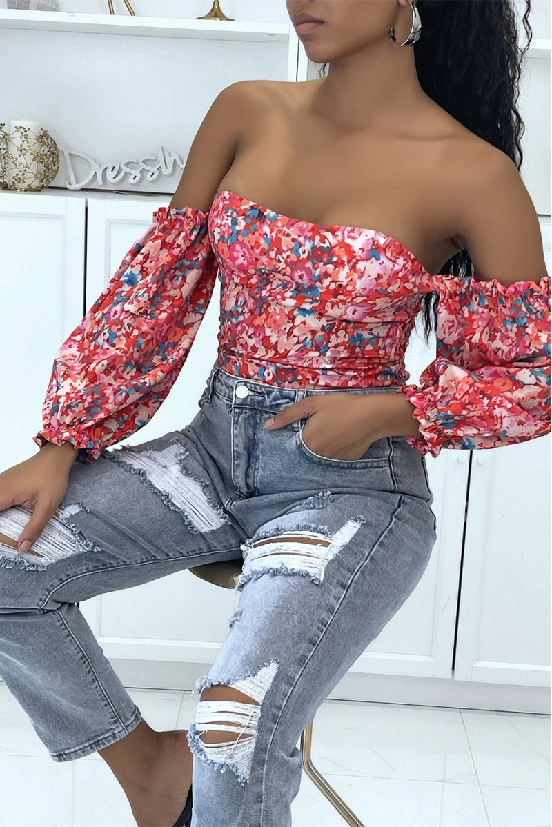 Top à épaule Dénudée Fleuri Rouge 3 Top à épaule Dénudée Fleuri Rouge