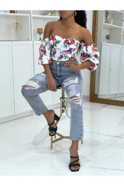 Top Col Bardot Fleuri Blanc