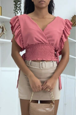 Top Col V à Volant Rose Foncé